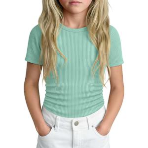Girls' Shirt Short Sleeve Basic Top Tween Summer Ribbed T-Shirt Teen Cute Fitted Soft Tee for Kids Aged 5-14