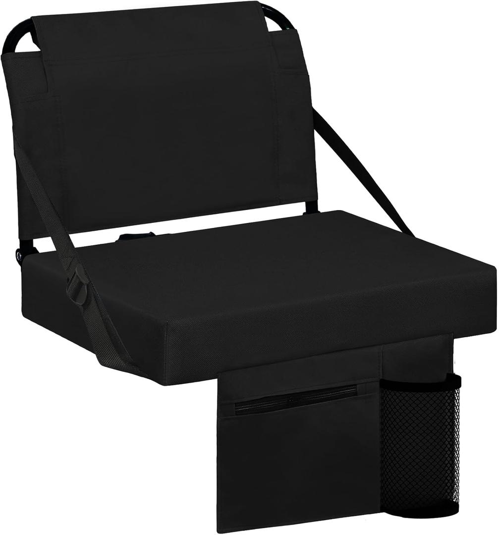 Stadium Seat for Bleachers with Back Support and Wide Padded Cushion Stadium Chair - Includes Shoulder Strap and Cup Holder (Black)