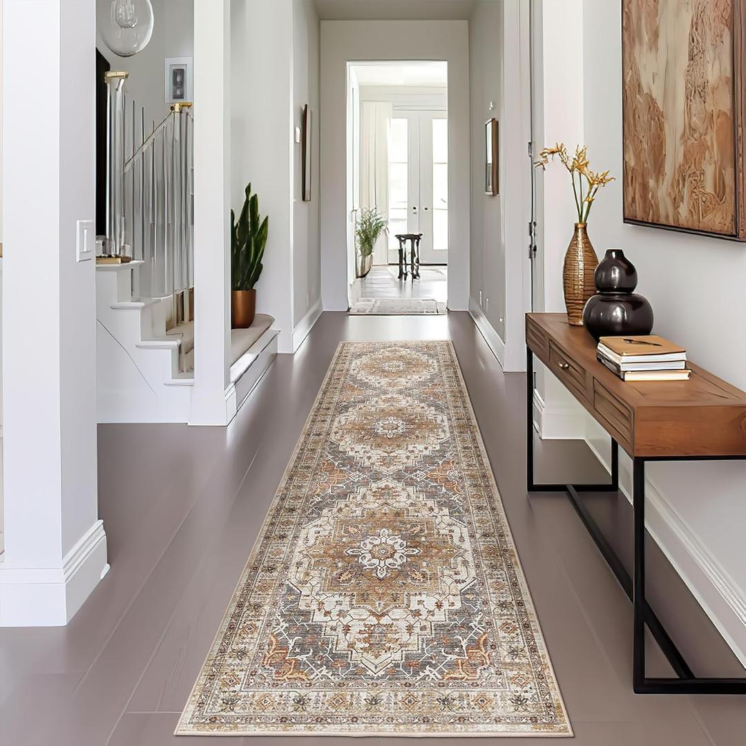 Madane Runner Rug 2x8, Washable Hallway Runner Rugs, Non-Slip Low-Pile Soft Kitchen Rug Runner Laundry Room Rug, Vintage Throw Entry Foyer Mat for Entrance Living Room (Turmeric/Grey, 2 x 8) (2' x 8', Turmeric/Grey)
