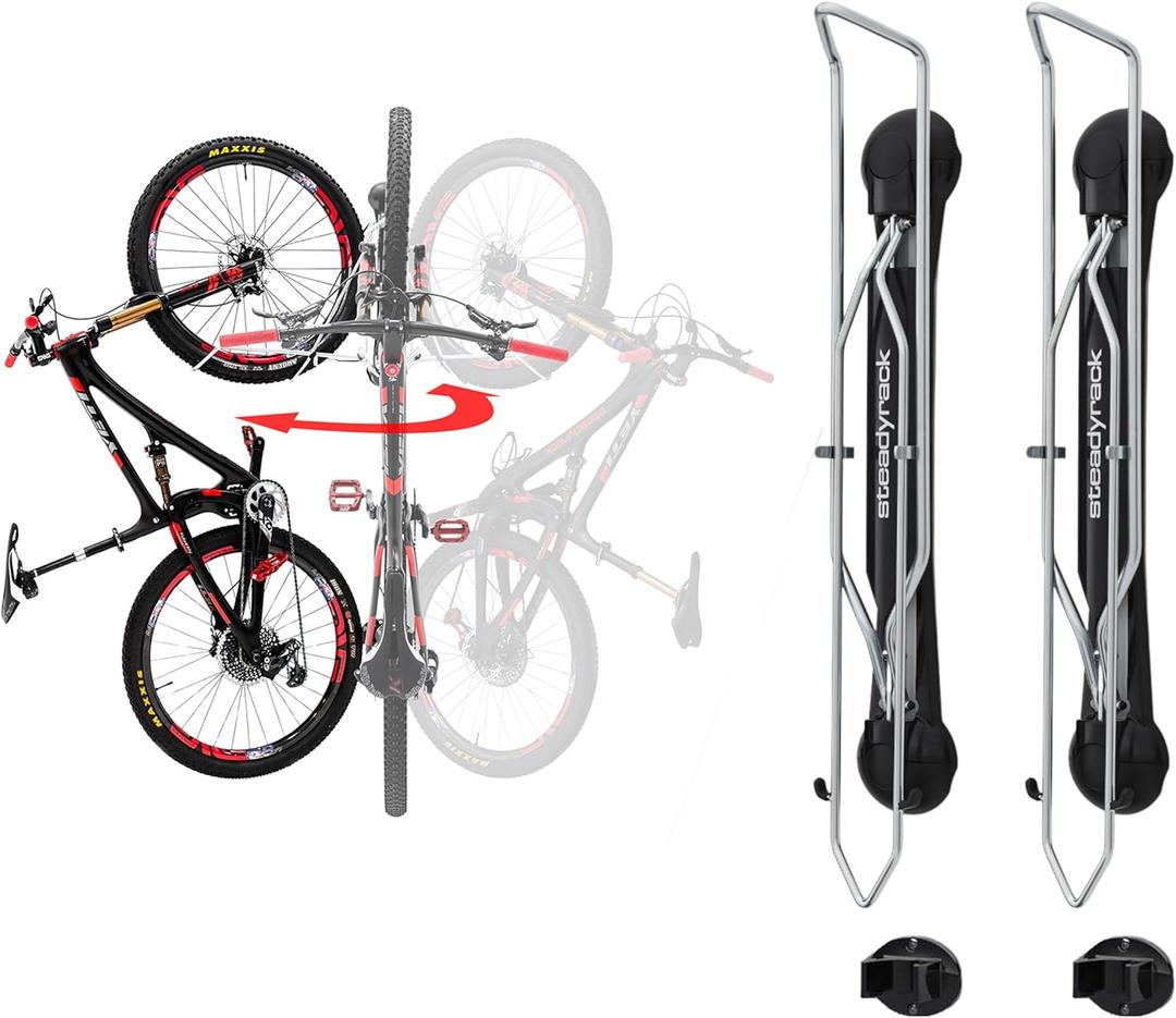 Steadyrack Bike Rack - Pivoting Mountain Bike Rack, Holds Up 77lbs, Fits 20"-29", 2.1"-2.8" Tires, Foldable Wall Mount for Space-Saving Storage Bicycle Hanger - 2 Pack