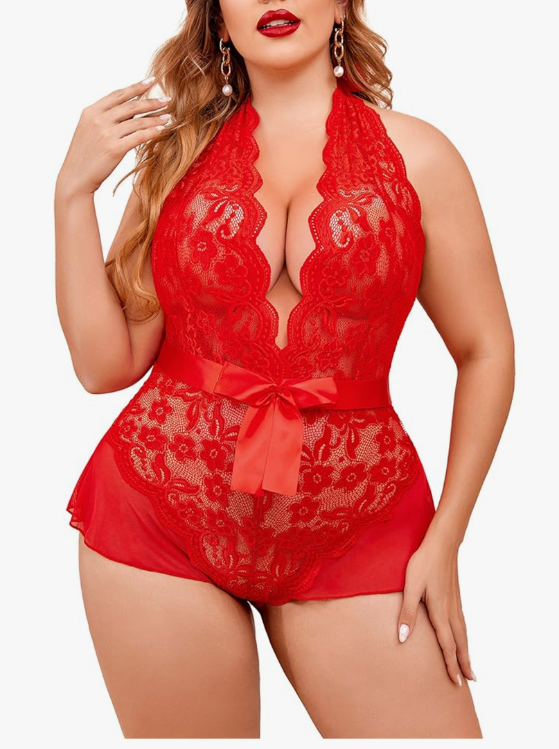 Avidlove Plus Size Lingerie for Women Deep V Neck Teddy Lingerie Halter Lace Bodysuit Nightgown 14W