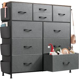 WLIVE Dresser for Bedroom with 10 Drawers, Fabric Dresser Chest of Drawers with Side Pockets and Hooks, Sturdy Metal Frame, Drawers Organizer Unit for Room, Hallway, Dark Gray
