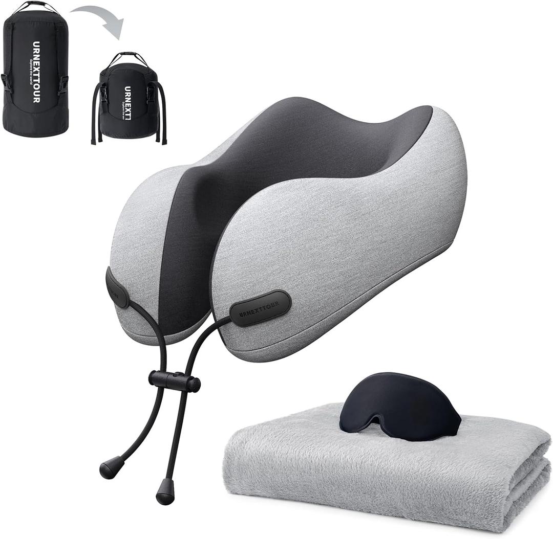 urnexttour Neck Pillow and Blanket Set for Travel Memory Foam Design Models Pillows with Eye Mask and 50% More Storage Bag Traveling Essentials Plane Car Flight Rest Sleeping Use Adult, Light Gray