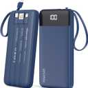 Portable Charger 10000mAh Power Bank with Built-in Cable, 5 Output 2 Input Travel Essential External Battery Pack with LED Display Compatible with iPhone 16/15 Samsung S22 Android,etc (Navy)