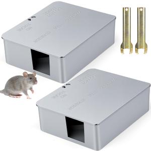 2 Pack Rat Bait Stations with key - Reusable Rodent Station for Indoor Outdoor Garden Warehouse Garage, WeatherResistant Mouse Station Box to Fix Bait Block Keep Rat Away Pets Safe, Dual-Entry Tunnel