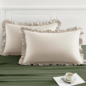 TOSMO 100% Linen Ruffle Pillowcase Queen Size, Set of 2, Stone-Washed Breathable Pillow Shams Envelope Closure, Soft and Durable Pillow Cases, 20" X 30", Natural Linen
