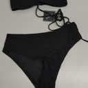 ZAFUL Women's High Cut Bandeau Bikini Set Strapless Solid Color 2 Pieces Bathing Suit Swimsuit (Medium, 6-black)