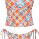 seamoly Women's Tankini Sets Sexy Open Back Two Piece Swimsuit High Cut Side Tie Thong Bathing Suit Floral Gingham Bikini (S)