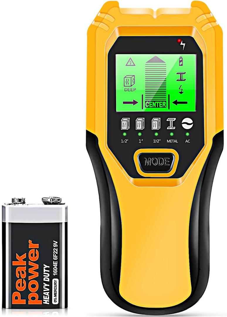 Stud Finder Wall Scanner 5 in 1 Multifunctional Upgraded Smart Wall Scanner, Stud Sensor Beam Detector with Battery for Wood Metal and AC Wire Detection, Comes with HD LCD Display and Audio Alarm (Yellow)
