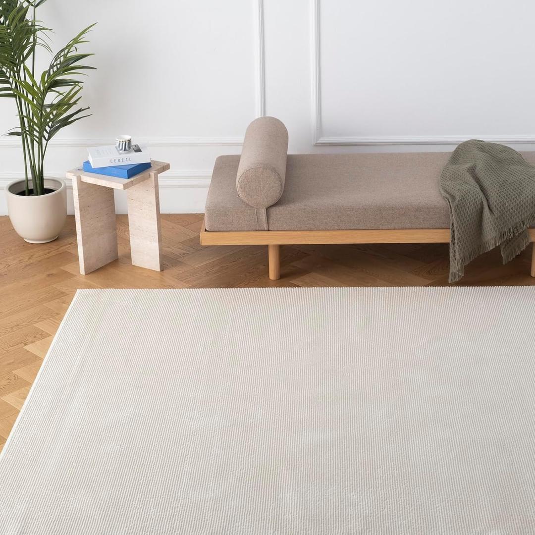 Revival Rugs Stripe 6'7"x9' Washable Area Rug for Living Room Bedroom - 100% Recycled Oeko-TEX Certified, Medium Pile, Beige/Cream