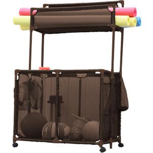 Pool Storage Equipment Organizer Holder - Noodles, Toys, Balls and Floats Mesh Rolling Double Decker Bin, Large with Noodle Rack, (23" L x 35.3" W x 59.4" H), Brown