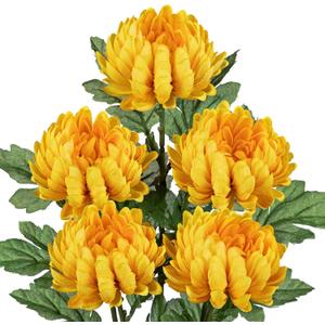 Hollyone 5Pcs Fake Mums Flowers Yellow Artificial Chrysanthemum Flowers Silk 22.8inch Long Stem Floral Arrangements Bouquets Faux Spider Mum Flower Pincushion Flower Bush Spring Home Decor