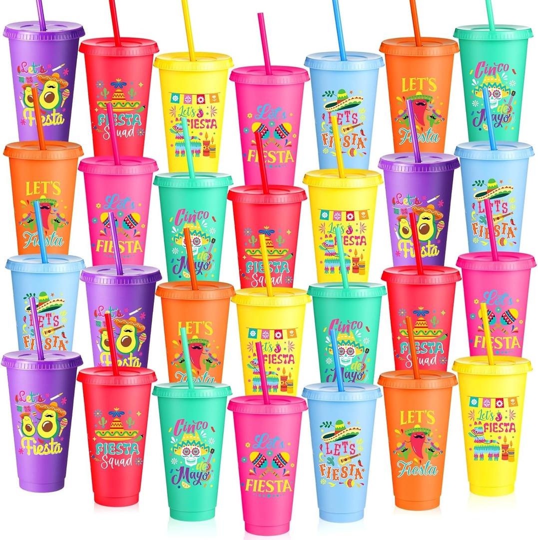 28 Pcs Fiesta Tumbler with Straw and Lid 24 oz Mexican Water Bottle Iced Coffee Travel Mug Cup Reusable Plastic Cups for Cinco De Mayo Party Decorations Fiesta Taco Birthday Party (Vivid)