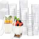100 Pack Square Dessert Cups with Lid, 3oz Clear Mini Shooter Cups with Spoon for Party, Reusable Plastic Pudding Parfait Cups for Yogurt Jello Ice Cream