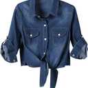Omoone Women's 3/4 Sleeve Denim Crop Top Tie Knot Shirt Cardigan Size XL