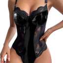 Lilosy Sexy Leather Underwire Push Up Floral Lace Sheer Corset Lingerie Women Teddy Bodysuit Bustier Top One Piece (Medium, Pu Black)