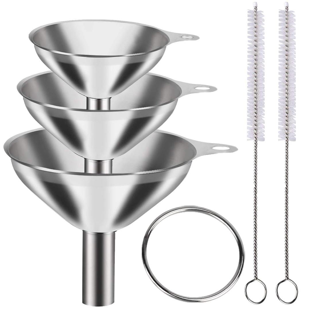 Metal Stainless Steel Funnel, Large Medium Small Funnel Set of 3, Food Grade Mini Funnels for Kitchen Use Filling Bottles Flask Cooking, 2 Brushes YLYL
