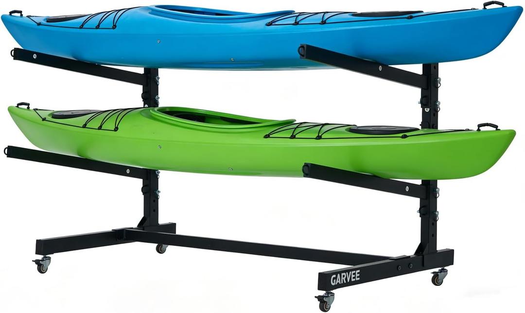 Freestanding Kayak Storage Rack with Wheels, Adjustable Kayak Racks for Garage and Outdoor, Heavy Duty Kayak Stands for Canoes, Kayaks, SUP and Surfboards, 2 Levels