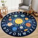 Kids Alphabet ABC Round Rug 4ft, Washable Educational Circle Rug with Solar System Design, Soft Non-Slip Nursery Carpet for Classroom, Playroom & Kids Room Decor