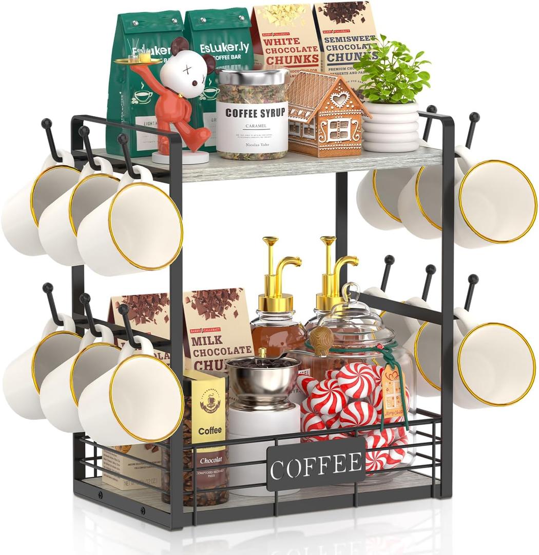EsLuker.ly Coffee Mug Cup Holder Stand Bar Station Organizer for Countertop, Multi-Functional 2 Tier Mug Tree Rack for Kitchen, Storage Shelf with 12 Hooks, Light Grey-Black(Patented Design)