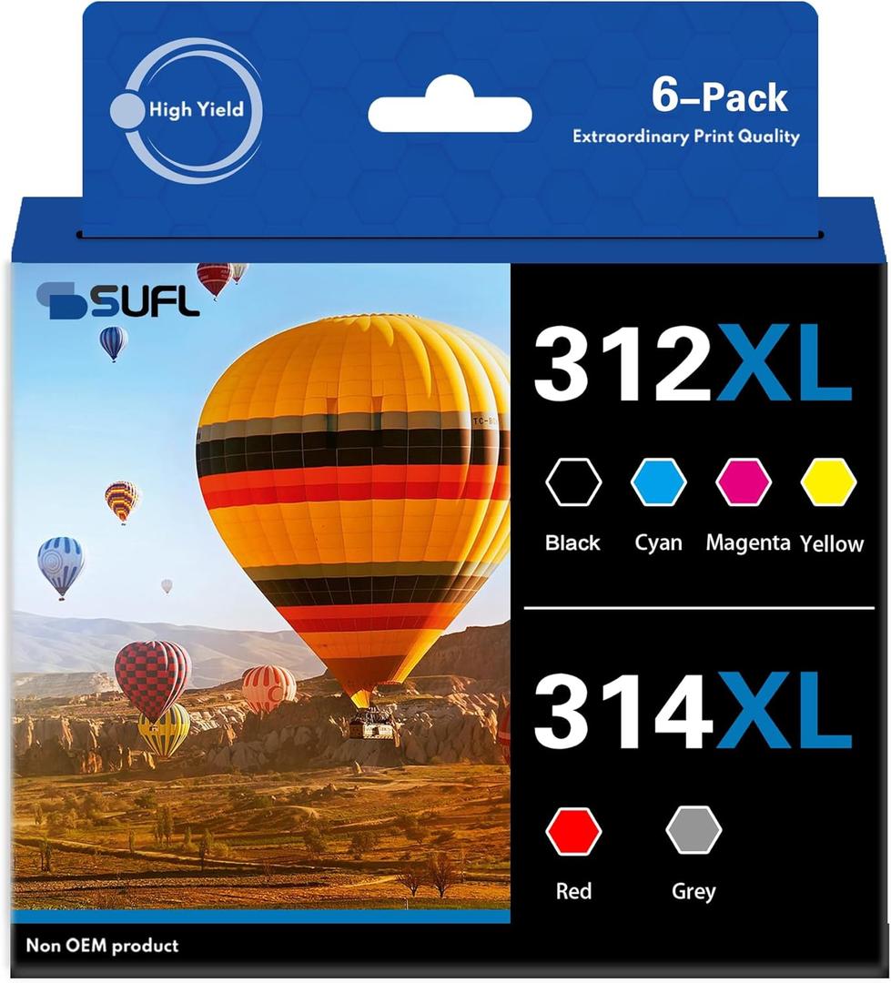 312XL 314XL High Yield Ink Cartridges Combo Pack - SFL Compatible Replacement for 312XL 314XL Ink Cartridge with Expression Photo XP-8500 XP-8600 XP-15000 Printer (6-Pack)