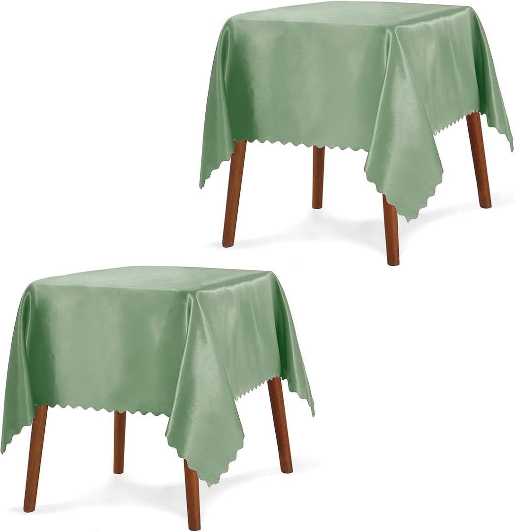P Pothuiny 2 Pack Sage Green Satin Tablecloth 54 x 54 Inches Square Table Cloth Overlay Satin Table Cover Bright Smooth Fabric Decoration for Wedding Banquet Party Dining