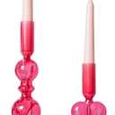 DN DECONATION Pink Glass Candle Holders Set of 2  Heart Taper Candle Holders for Valentine's Day, Candlestick Holder Wedding Decorations, Farmhouse Home Coffee Table Decor & Housewarming Gifts