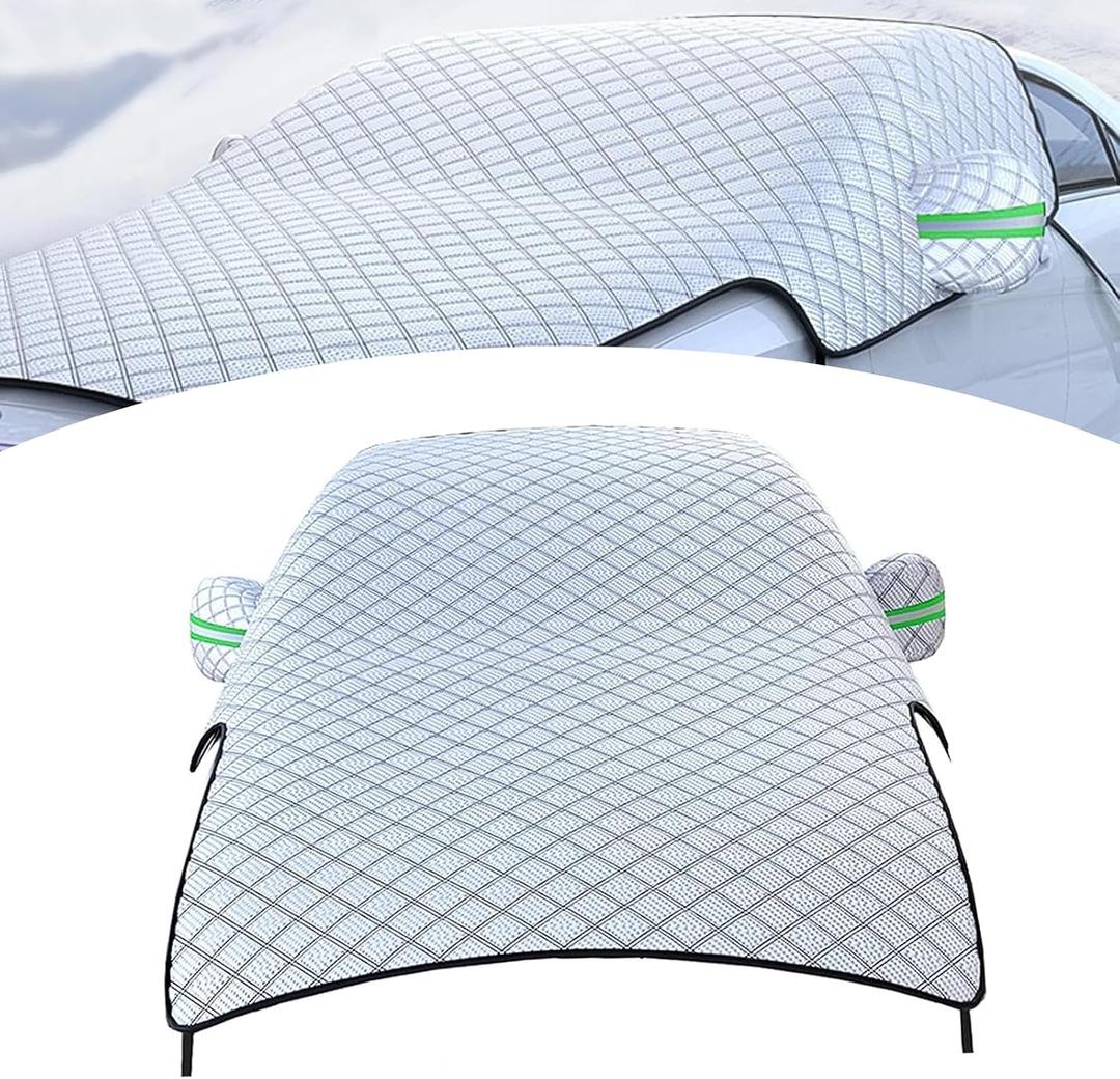 Car Half Cover, Thicker Larger Snow Freeze Shield with Fixed Clip, Anti-Scratch Reflective Strip Warning All-Season Protection, Universal Front Windshield Hood Full Wrap for Cars (Silver)