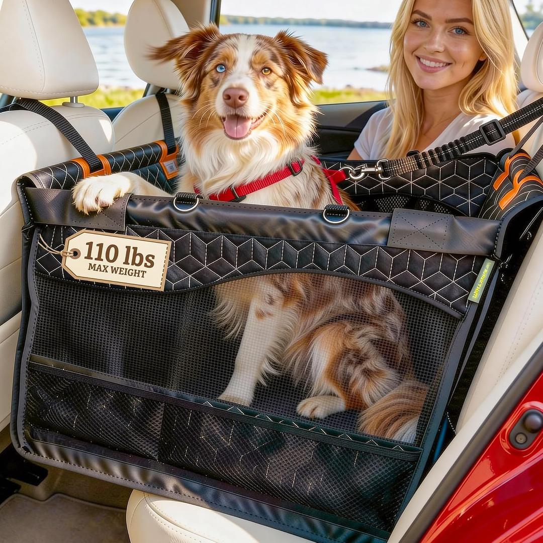 Dog Car Seat for Large Medium Dogs | Waterproof Dog Seat Cover for Back Seat with Hard Bottom | Alloy Twist-Lock Rods | 3 Mesh Windows | Removable Fleece Mat | Cars, SUVs, Trucks