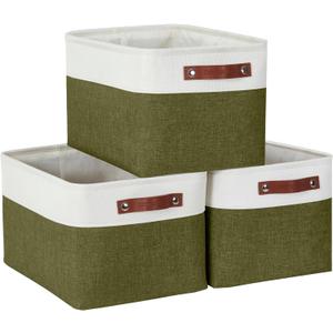 DECOMOMO Storage Bins, Large Fabric Storage Baskets for Shelves, Decorative Linen Closet Organizer, 15 x 11 x 9.5 inches (Olive Green & White, 3 Pack)