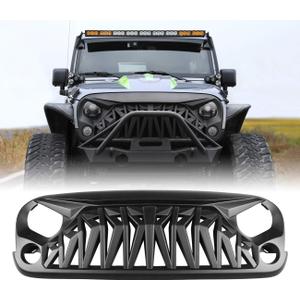 Front Grill Shark Grille Compatible with 2007-2018 Jeep Wrangler Rubicon Sahara Sport JK JKU, Matte Black