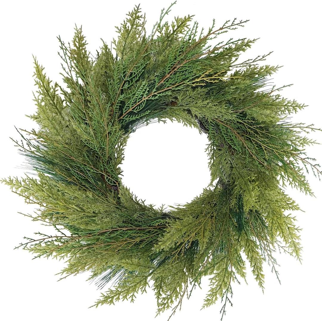 20 Green Faux Norfolk Pine Christmas Winter Wreath  Mixed with Real Touch Fake Cypress, Cedar & Spruce, Xmas Wreaths for Front Door Porch Mantel & Fireplace