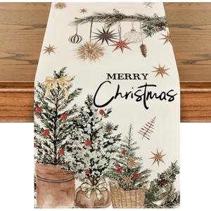 Artoid Mode Xmas Trees Holly Pine Cone Merry Christmas Table Runner, Seasonal Winter Kitchen Dining Table Decoration for Home Party Decor 13x72 Inch
