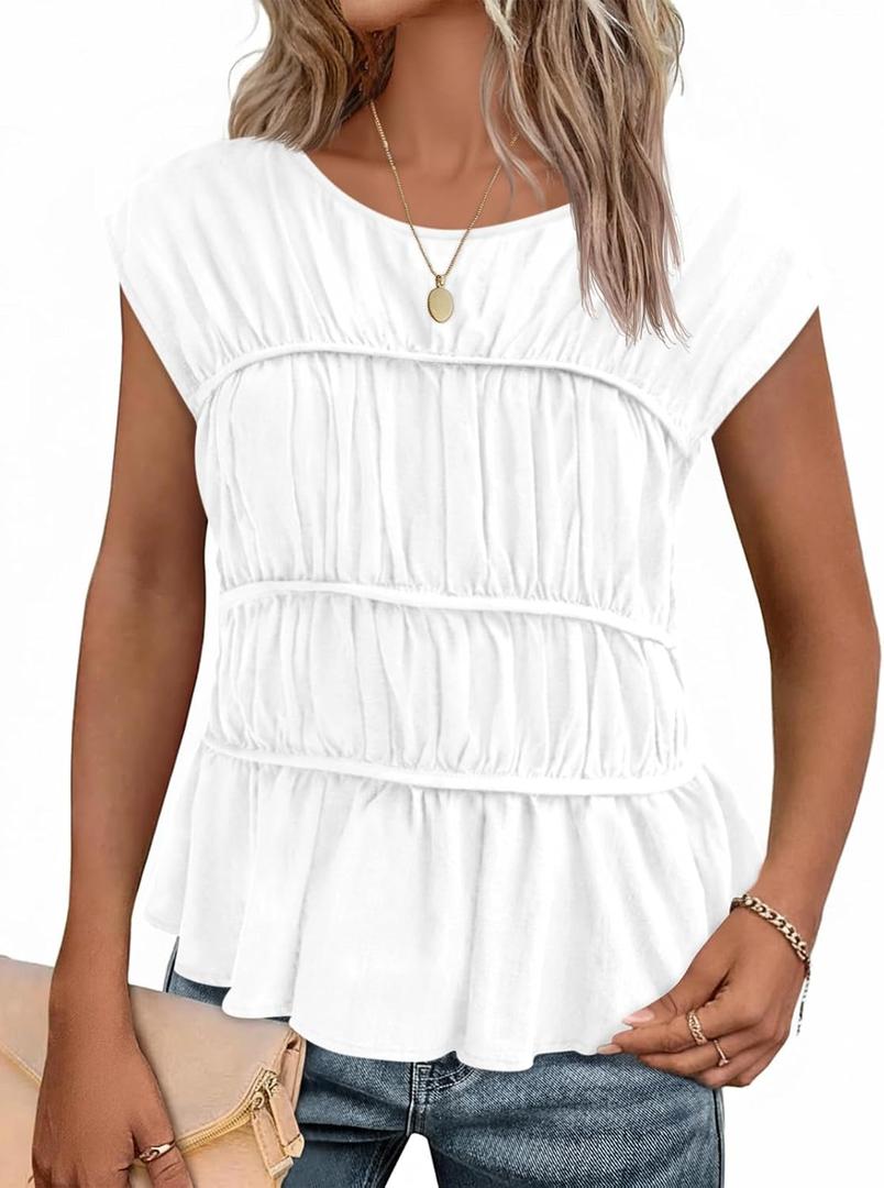 Cicy Bell Womens Cap Sleeve Peplum Tank Tops Summer Babydoll Smocked Cotton Shirts Casual Crew Neck Pleated Blouse (White, M)