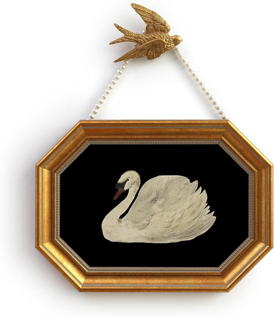Gold Framed Canvas Wall Art Vintage Decor,White Swan Painting Prints,8"x12"Picture Frame With Accessories for Living Room Bathroom Kitchen Bedroom