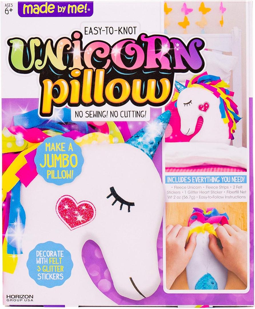 Made By Me Make Your Own Unicorn Pillow by Horizon Group USA, Unicorn Shaped DIY Decorative Pillow. Fiberfill, Glitter Stickers & Rainbow Fleece Strips Included. No Sewing Needed
