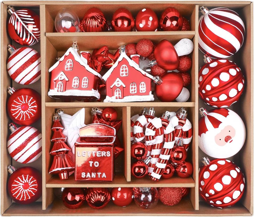 SHareconn 80ct Christmas Balls Ornaments Set, Shatterproof Plastic Colorful Xmas Decorative, Baubles for Tree Decorations with Hanging Strings, Red & White