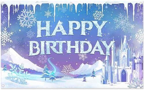 Yriujul Fabric 96x60inch Ice Snow Winter Birthday Backdrop Magical Castle Wonderland Snowflake Photography Background Kids Girls Party Decorations Photo Props