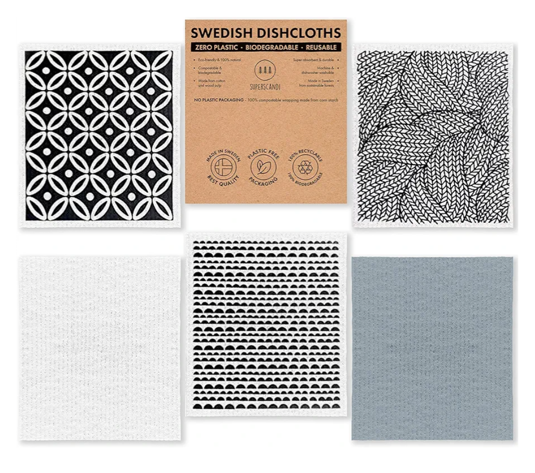 SUPERSCANDI 5 Pack Swedish Dishcloths for Kitchen - 100% Biodegradable & Compostable, Reusable Paper Towels Washable, Food-Safe & Without Plastic - Dish Rags Suitable for Any Surface, Scandi White