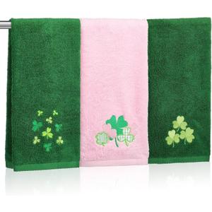3 Pcs St. Patrick's Day Hand Towels Set 100% Cotton Embroidered Decorative Irish Shamrock Bathroom Towels Pink Green Clover Absorbent Guest Bath Towel for Drying Cleaning Cooking, 29.5" x 13.8"