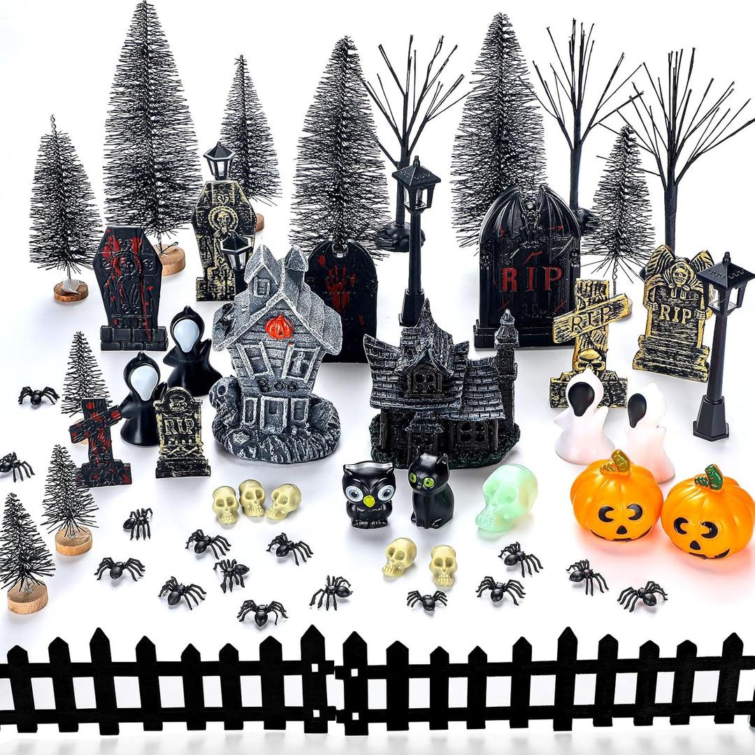 56 Pcs Halloween Village Accessories Set Halloween Haunted House Village Set Miniature Tombstones Tree Fake Spiders Fence Streetlamp Figurines for Home Table Party Decor