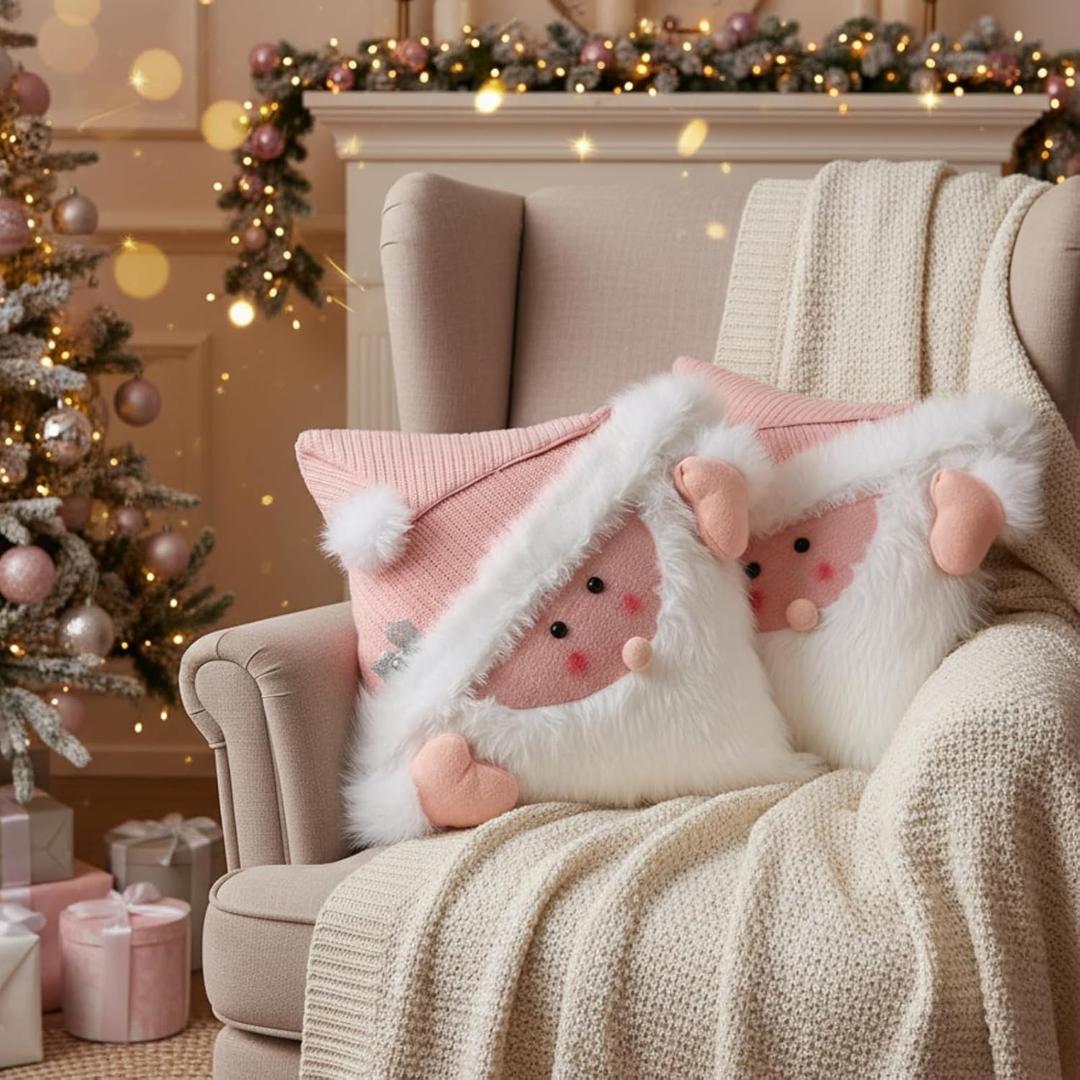 2 Pcs Pink Christmas Pillow Covers 18"x18" Pink Santa Claus Christmas Decorations Pillowcase Santa Holiday Seasonal Pillow Cases Winter Indoor Decoration for Bed and Sofa