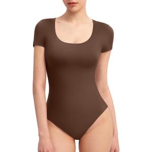 PUMIEY Women's Scoop Neck Short Sleeve Bodysuit Slimming Fit Body suit Top, Chocolate X-Small