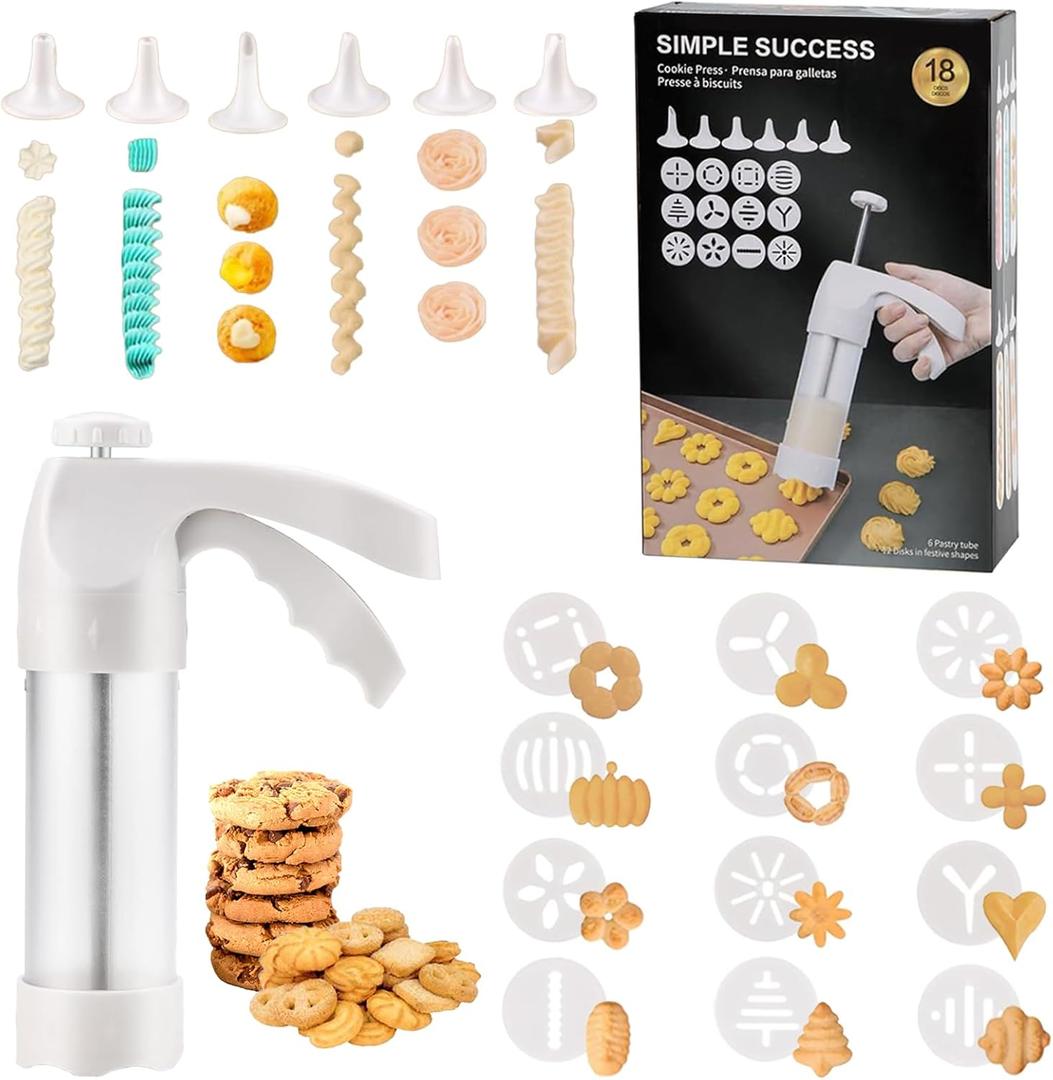 Cookie Press Gun White - Spritz Cookie Press Kit with 12 Discs & 6 Piping Tips | Perfect for Thanksgiving Christmas, Baking & Cake Decorating
