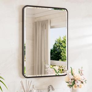 TETOTE Black Mirror 20 x 30 Beveled Edge Tempered Glass, Rounded Corner Rectangle Bathroom Mirror for Over Sink for Modern Bathroom, Living Room, Bedroom, Entryway