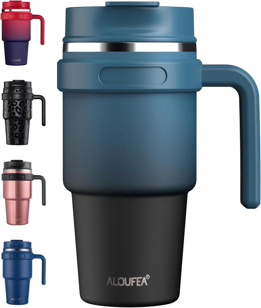 ALOUFEA 20 oz Insulated Coffee Mug Tumbler with Handle, Stainless Steel Travel Mug Tumbler with Lid and Straw, Double Wall Vacuum Leak Proof Ice Coffee Thermal Cup, Indigo Black