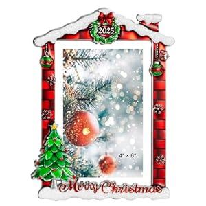 Unicadecor Casa 2025 Christmas Metal Picture Frame | 4x6 / 5x7 Holiday Premium Frame with Snowflake & Festive Designs | Elegant Home Décor & Christmas Gift Choic (Red house)