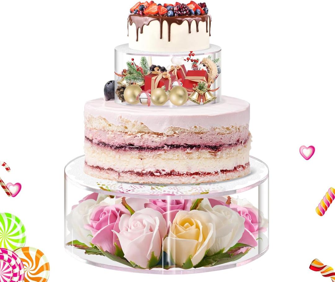 2PCS Acrylic Fillable Cake Stand with Lace Paper Doilies, Clear Round Cylinder Display Riser Display Box, Decorative Centerpiece for Wedding Birthday Party Display(6Inch, 10Inch)