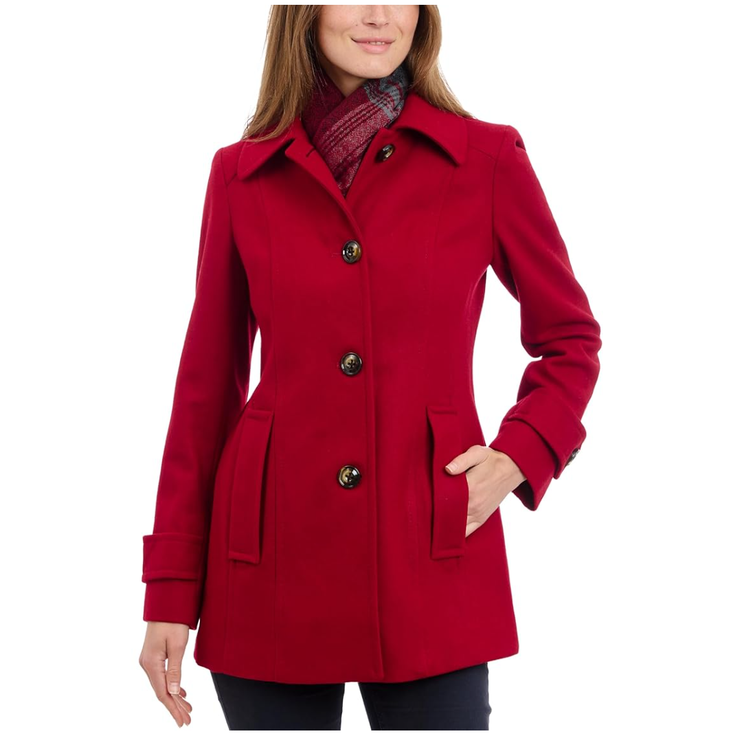 London Fog Womens Single-Breasted Wool Blend Coat | With Scarf, Red Medium