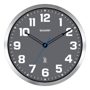 Sharp Atomic Analog Wall Clock - 12" Grey Face, Silver Brushed Finish - Sets Automatically- Battery Operated - Easy to Read - Easy to Use – Modern Design and Style